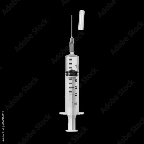 One milliliter syringe with needle and cap on black background medical injection 1