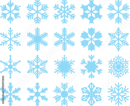 Snowflakes Vector Set. Simple Winter Icons Collection. Light Blue Frost Decoration Elements on White Background
