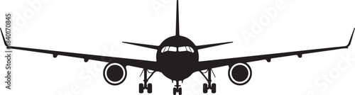 Black silhouette of a commercial passenger jet airplane viewed from the front with landing gear down