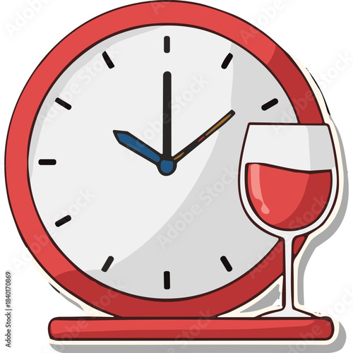 Red Framed Clock With Wine Glass Beside It Showing 1010 Time On White Background With Shadows
