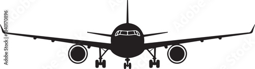 Black silhouette of a passenger jet airplane front view with landing gear extended aircraft