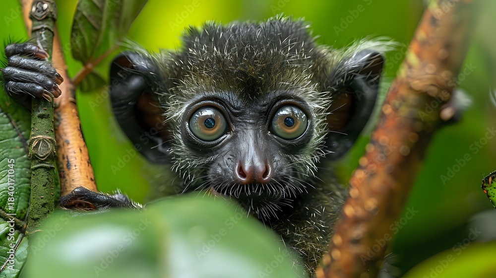 Obraz premium Curious baby lemur with wide amber eyes peering between branches in lush green rainforest habitat, showcasing endangered wildlife in natural environment.