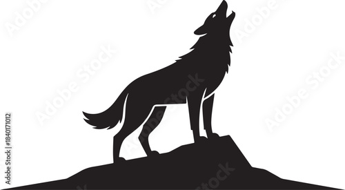 Black silhouette of a wolf howling on a rocky outcrop against a white background animal 1