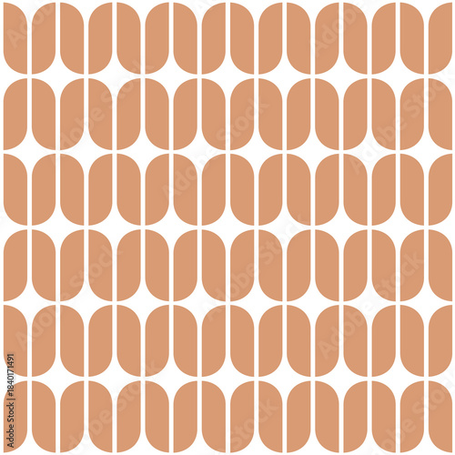 Powder pink seamless geometric pattern with diagonally rounded asymmetric rectangles arranged in a clean repeating vertical grid. Flat modern composition in vivid tone on white background. Vector
