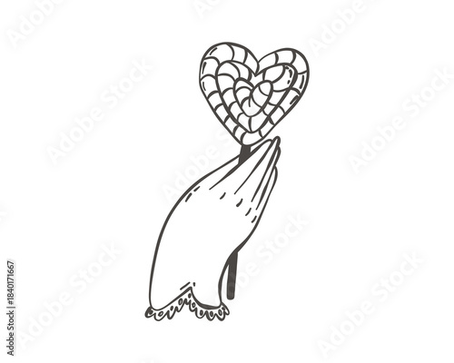 Whimsical Doodle Hand holding heart shaped lollipop. Valentine's Day, love, sweets.