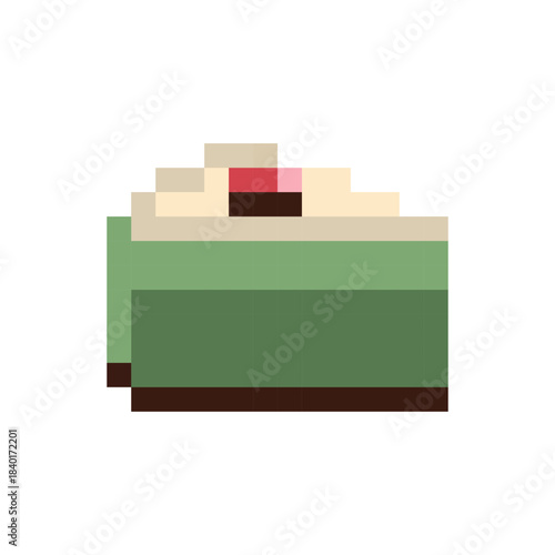 Pixel art matcha cake icon isolated on white. Cute green tea cupcake game asset