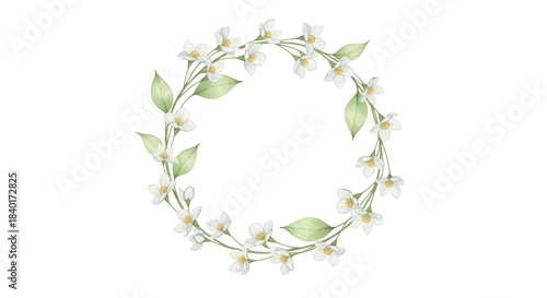 Watercolor white jasmine flower wreath with green leaves on black background image