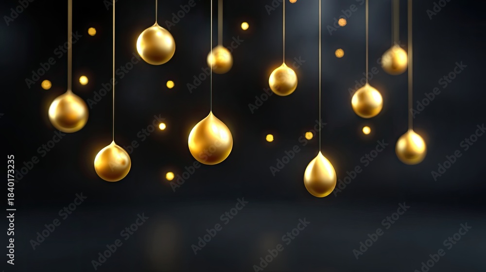 Obraz premium Golden Droplets of Liquid Hanging in the Air with Soft Light Reflections on a Dark Background for a Luxurious and Elegant Atmosphere