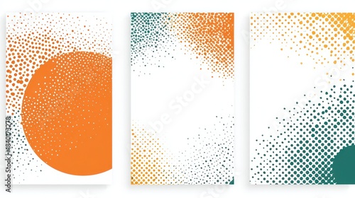 Three abstract posters with halftone dot patterns in orange, teal, and white tones