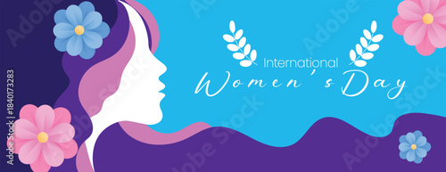 Women’s Day banner with floral vector background with feminine silhouette art, elegant horizontal banner design, 8 March celebration banner header layout, and womens day website banner header template