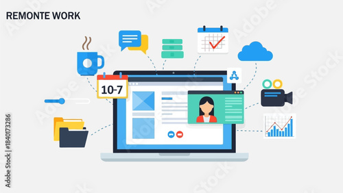 Digital illustration of remote work environment with laptop, video conferencing, scheduling, and cloud data management.
