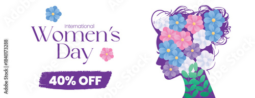 International Women’s Day horizontal banner design with an elegant floral female silhouette design and modern 8 March website banner header template for Women day promotional banner template design
