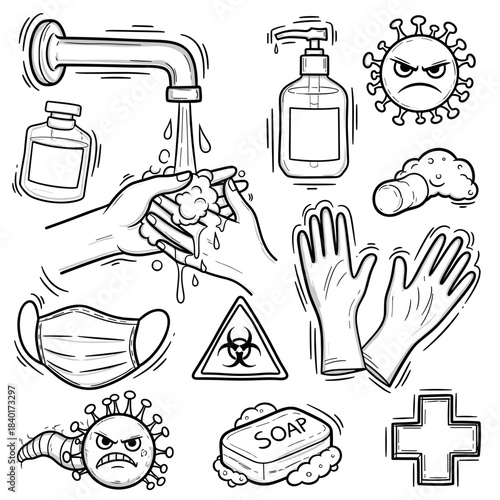 Infection prevention icons depicting handwashing and safety measures  