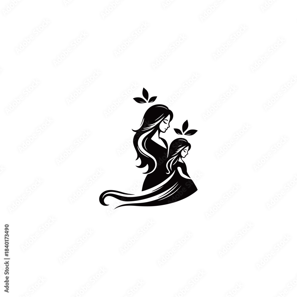 Obraz premium Minimalist mother holding baby icon, feminine hair and flower wreath family illustration