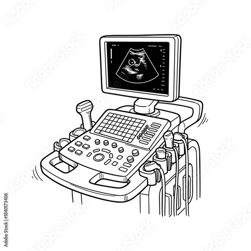 Ultrasound device with display showing fetal image in black and white  
