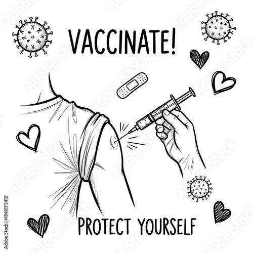 Vaccination illustration with syringe and message to protect yourself  