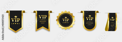 Vip label, badge or tag. Black vector banner with gold vip text, luxury premium design, vector illustration