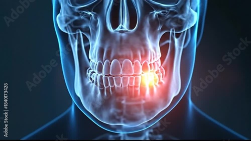 Medical animation showing jawbone and dental implant procedure in detailed side view