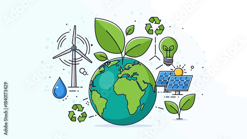 Illustration of Earth with various green energy and environmental sustainability elements like wind turbines, solar panels, recycling symbols, and plants.