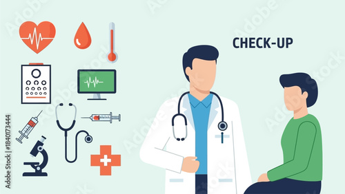 A doctor conducting a medical check-up on a patient with various health and medical icons.