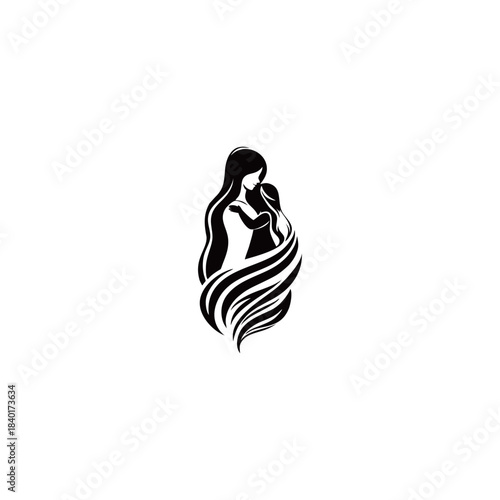 Beautiful mother holding child logo, family bonding black and white line art.