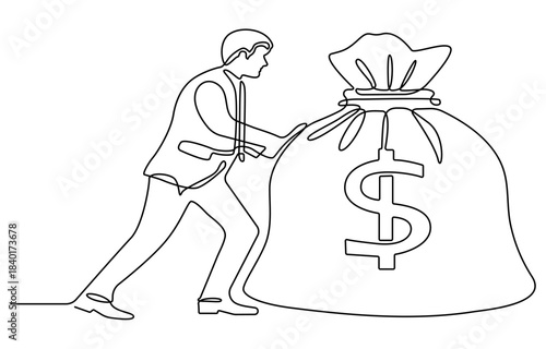 Single continuous line drawing businessman holding large bag full of money. Smiling man walking and carrying big heavy sack full of cash money. Dynamic one line draw graphic design vector illustration