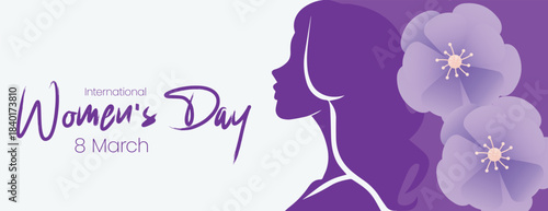 Feminine Women’s Day 8 March banner template with soft floral illustrations, clean horizontal design, modern woman silhouette artwork, and professional website cover for social media banner, cover ad