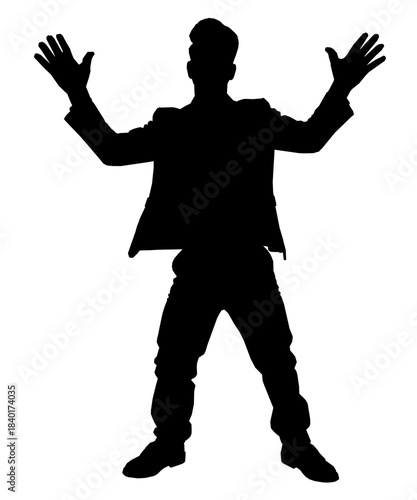 A man in a suit and shoes stands with his arms outstretched in a black silhouette against a clean white background.