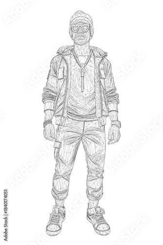 A determined young man in a hoodie and glasses stands ready for a challenge against a clean white background.