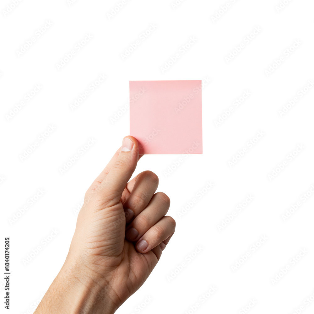Fototapeta premium Hand holding blank pink sticky note for reminders ideas messages notes and communication isolated on transparent background