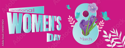 Modern Women’s Day floral 8 March vector illustration with elegant banner template, high-quality horizontal layout design for website header, marketing promotions, digital advertising