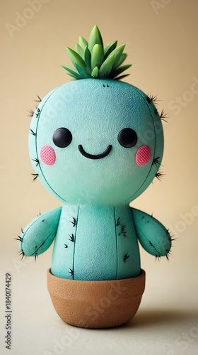 Adorable turquoise plush toy cactus with smiling face, spiky features, and a small pot