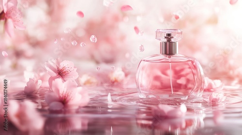Pink perfume bottle surrounded by cherry blossoms (1)