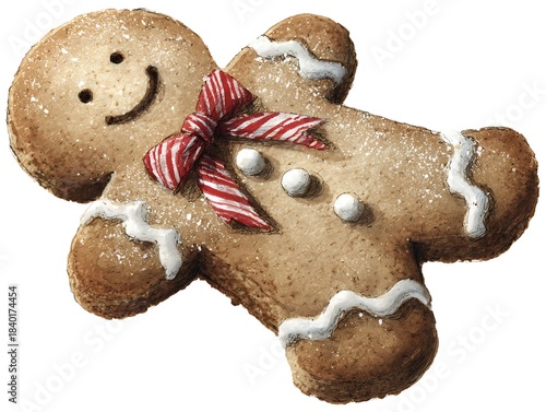 Adorable watercolor illustration of a festive gingerbread man with a smiling face and a decorative ribbon
