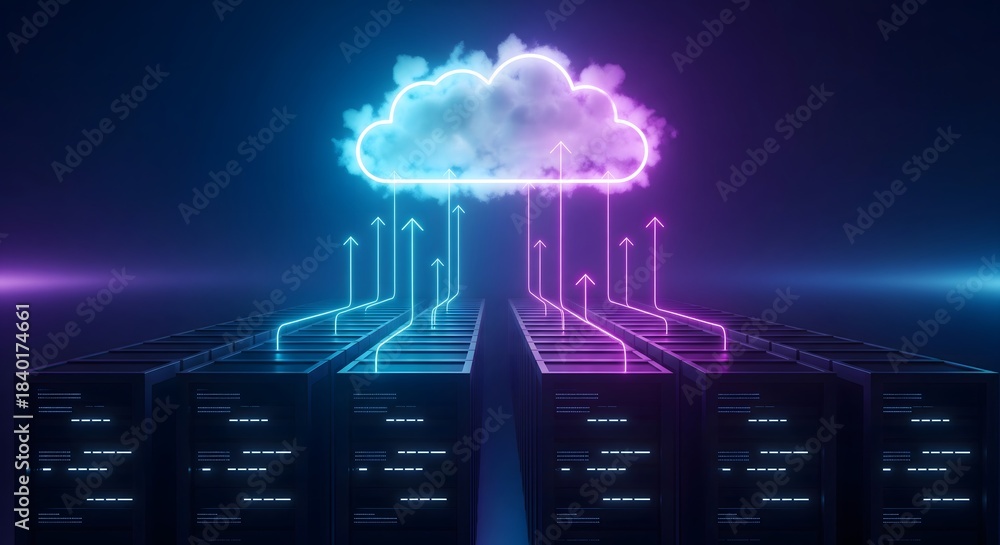 Fototapeta premium Conceptual illustration of data center servers uploading digital information to a neon-lit cloud computing storage network.