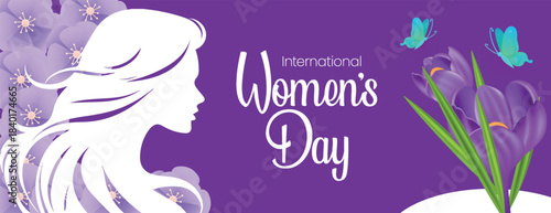 Elegant International Women’s Day 8 March banner with floral patterns, stylish female silhouette artwork, soft gradient background, and horizontal website cover template for  marketing promotions