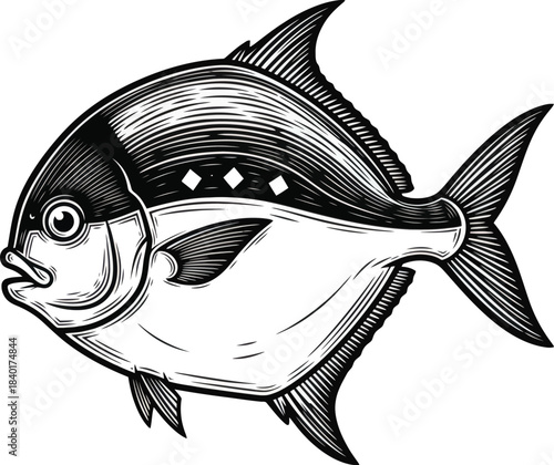 Engraved style fish illustration with detailed scales