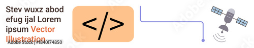 Data transmission, programming tools, coding platforms, communication systems, modern tech integration, digital networking. Coding symbol linked to a satellite. Data transmission and programming
