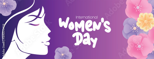 International Women’s Day 8 March website banner design with modern floral elements, feminine silhouette art, vibrant vector background, and stylish horizontal layout for social media cover templates