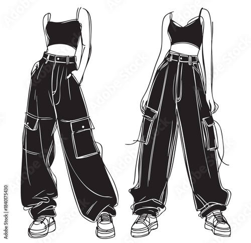 line sketch fashion girls in very long baggy torn wide cargo pants
