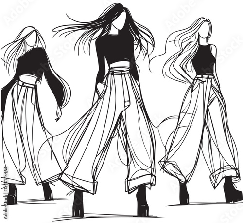 Abstract sketch fashion girls in very long baggy torn wide cargo pants