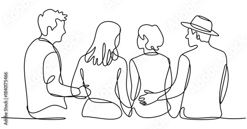 A continuous line drawing shows a diverse group of four people, two couples, sitting together with arms around each other, representing unity and togetherness.