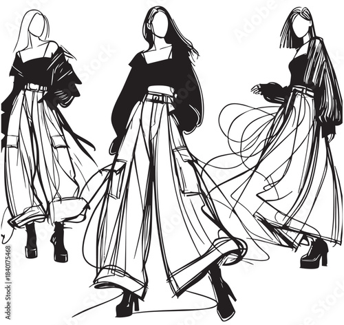 Abstract sketch fashion models in very long baggy torn wide cargo pants
