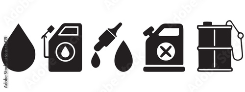 Fuel and Oil Icon Set – Gasoline Can, Barrel, and Drop Vector Design