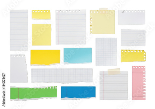 Assortment of torn paper notes isolated on transparent background