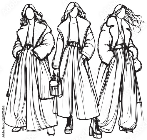 line sketch fashion girls in very long wide pants and leather winter sheepskin coat