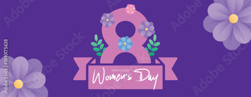 Feminine Women’s Day horizontal banner template with floral 8 March ribbon background, elegant Women day website and social media header design vector illustration for digital marketing promotions
