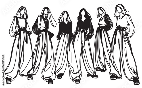 Abstract sketch fashion models in very long baggy torn wide cargo pants