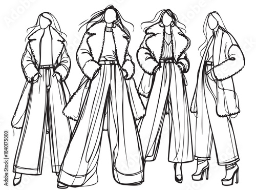 line sketch fashion girls in very long wide pants and leather winter sheepskin coat