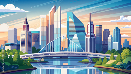 A clear, expansive view of sleek high-rises rising over the river, framed by a graceful bridge structure that enhances the clean, polished atmosphere of a bustling metropolitan center.